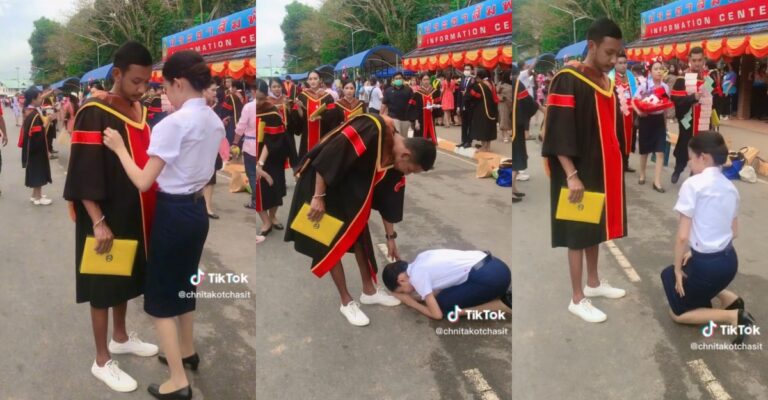 woman bows and kneels