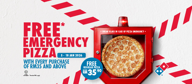 Dominos Malaysia Gives Malaysians A Free Emergency Pizza Order RM35 Online From 5–18 Jan 2026 And Get A Voucher For A Free Regular Pizza Redeemable Until 15 Feb 2026